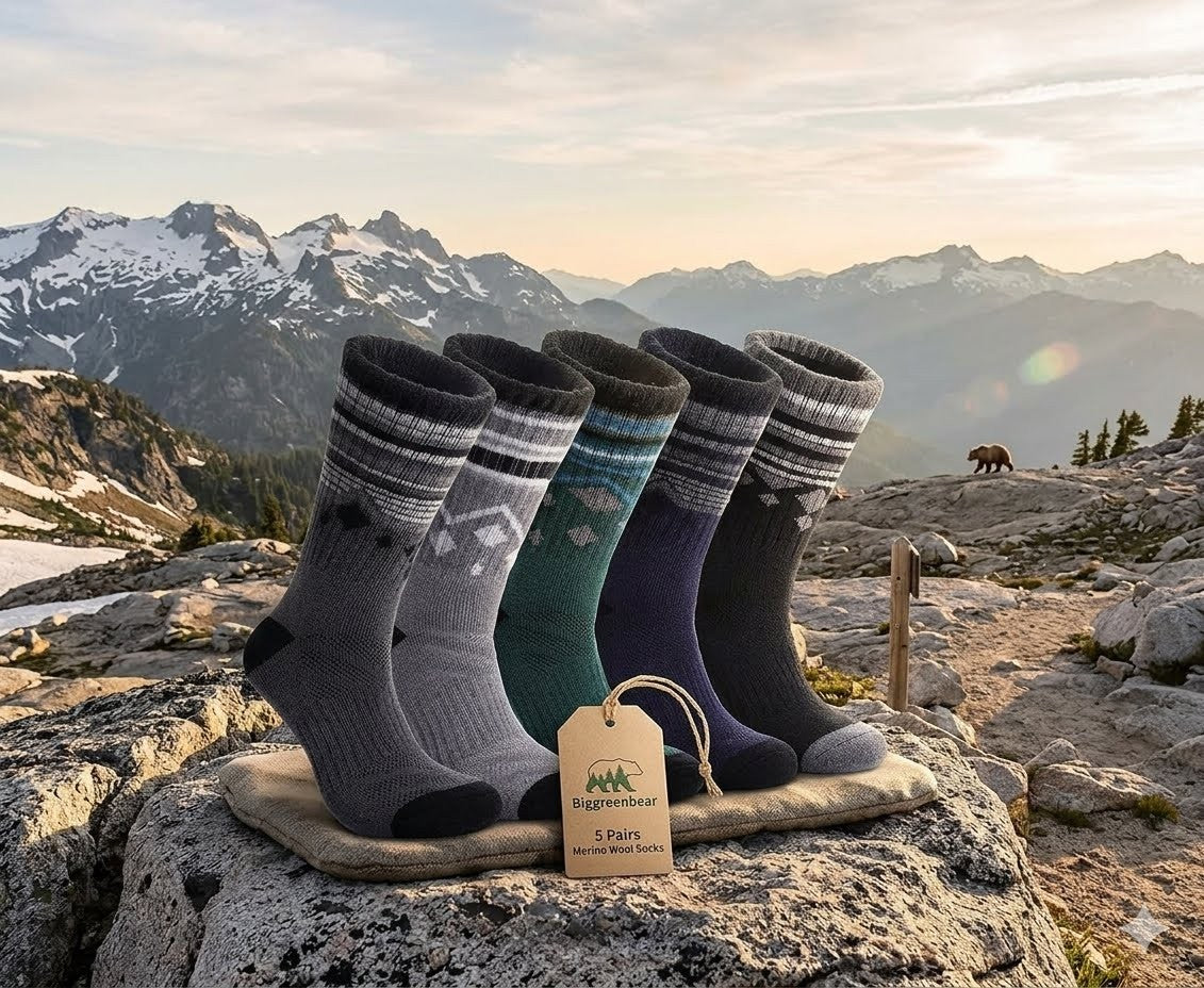 Set of five pairs of socks on a rock with mountains in the background big green bear