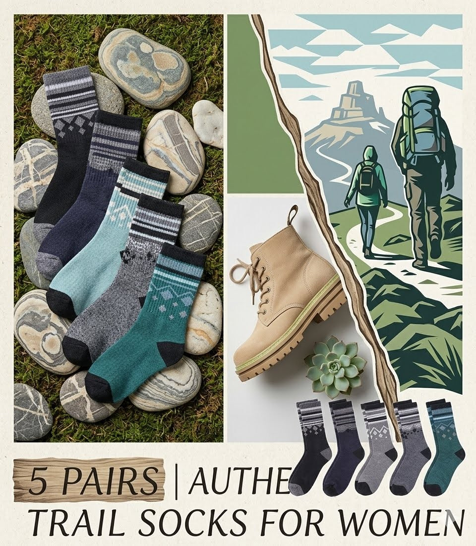 Collage of hiking socks, boots, and a scenic illustration with hikers on a trail.