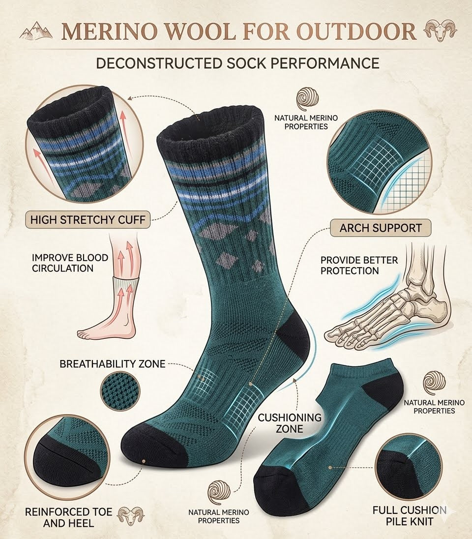 Merino wool sock with features highlighted on a beige background