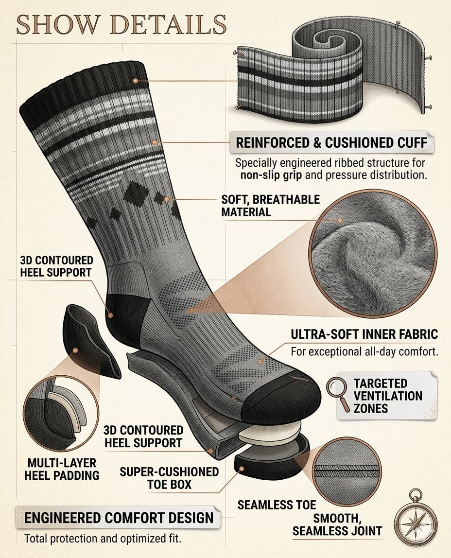 Infographic detailing features of a sock with close-up images and text labels.