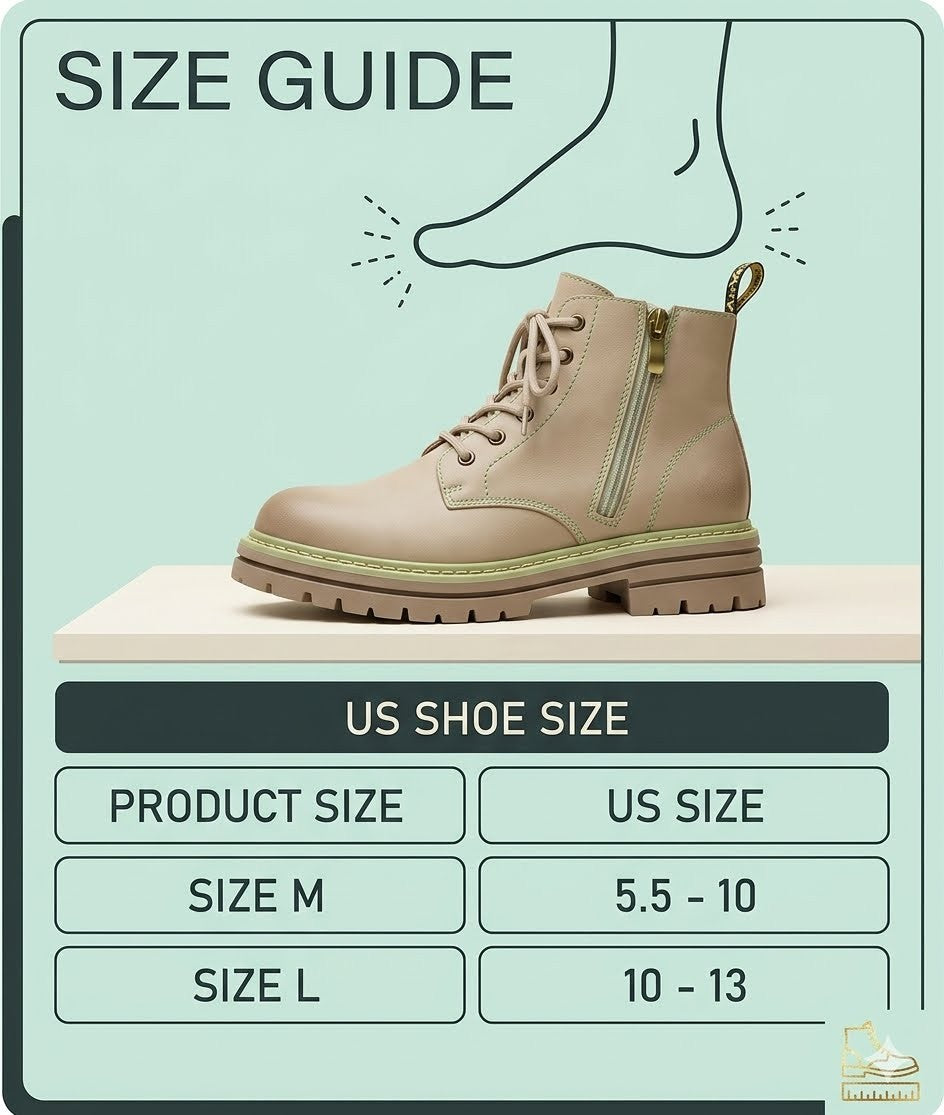 Size guide for beige boots with a foot illustration on a light green background