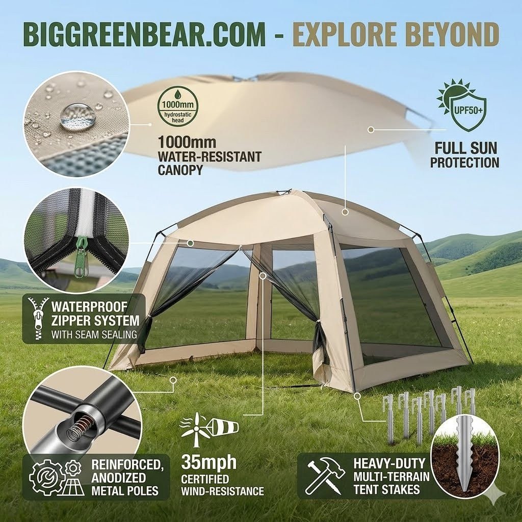 Beige camping tent with features highlighted on a grassy field background