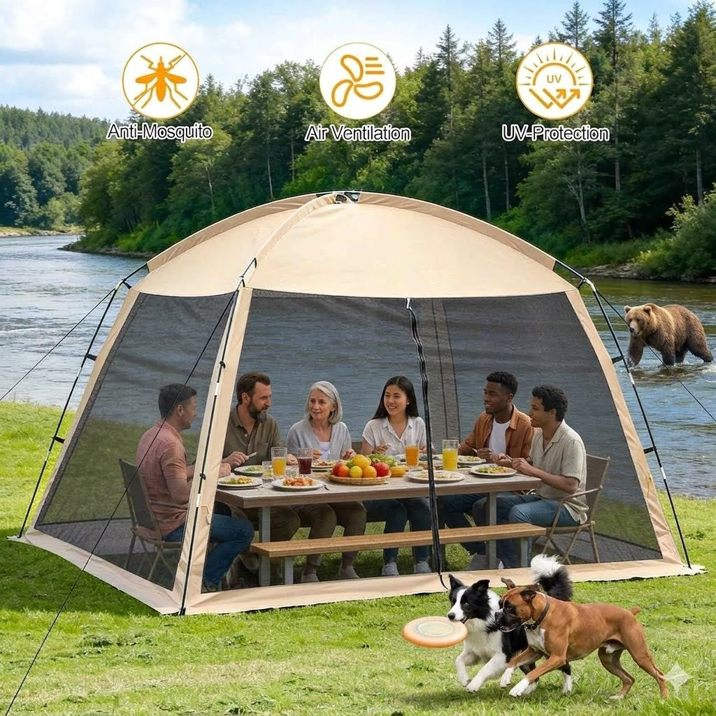 Group of people enjoying a meal outdoors under a large canopy tent with anti-mosquito, air ventilation, and UV-protection features. A bear is seen in the background.