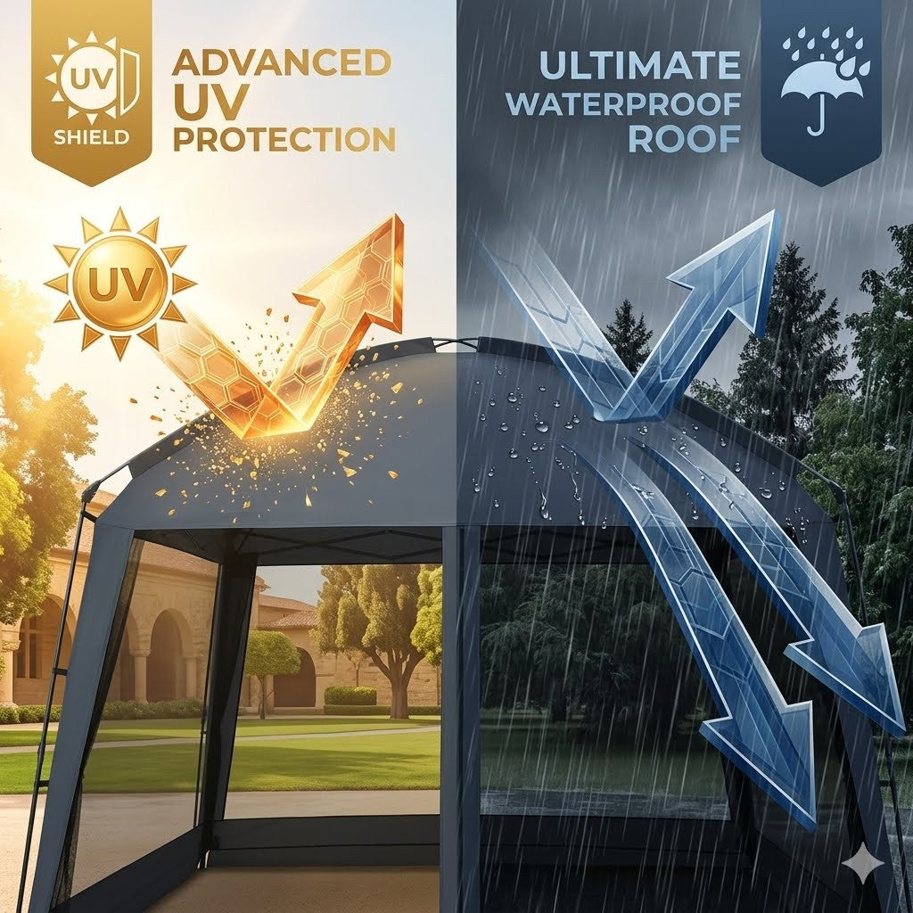 Tent with advanced UV protection and ultimate waterproof roof features.