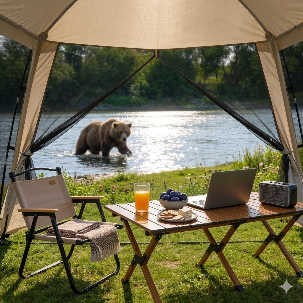 Camping scene with a bear by a lake, table with food and laptop, and chair outside a tent.