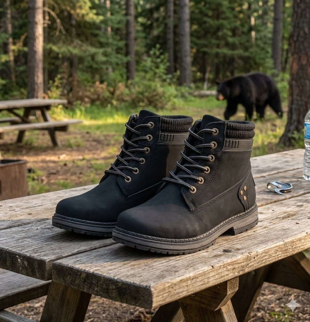 Black boots on a wooden table with a bear in the background big green bear
