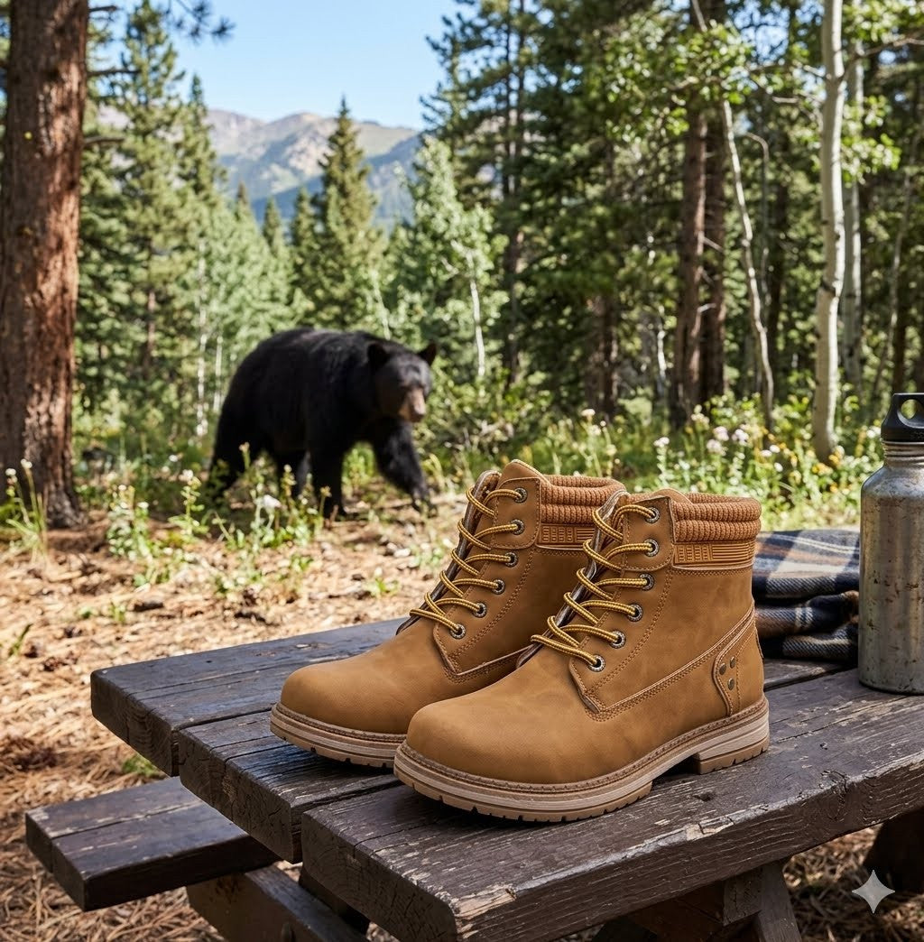 Brown boots on a wooden bench with a bear in the background in a forest setting big green bear