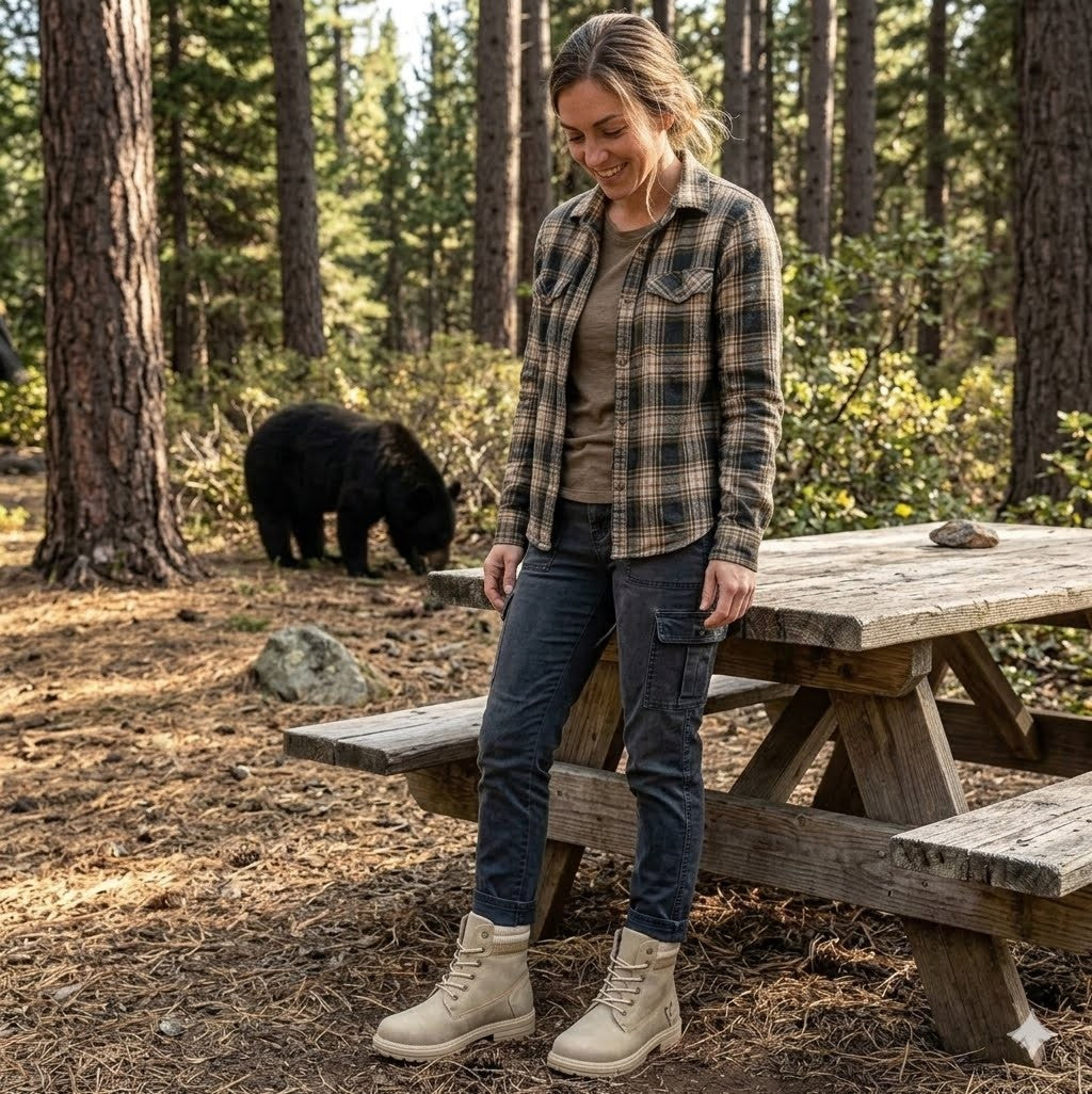 Woman standing next to a picnic table in a forest with a bear in the background
