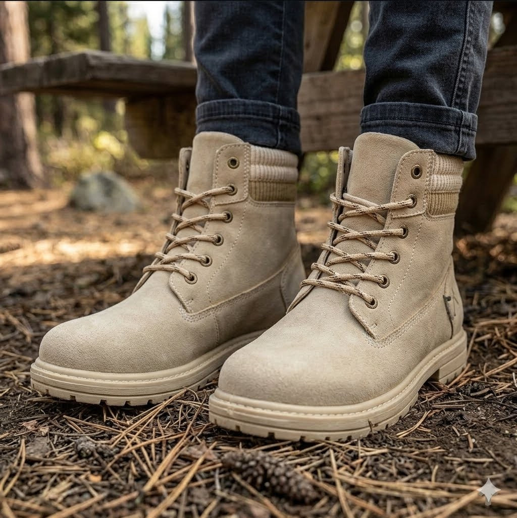 Beige boots worn by a person standing on a forest floor.