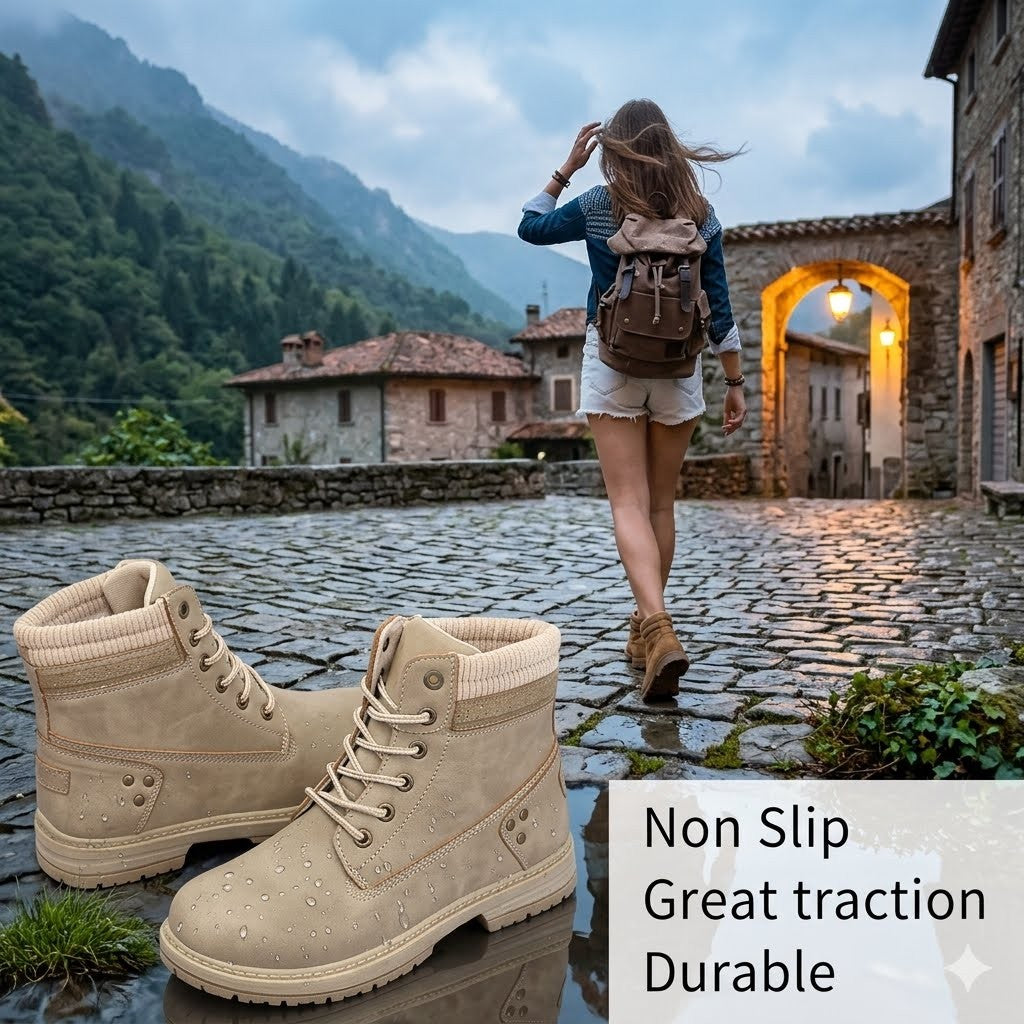Beige hiking boots with text on non-slip, traction, and durability, set against a scenic mountain village background.