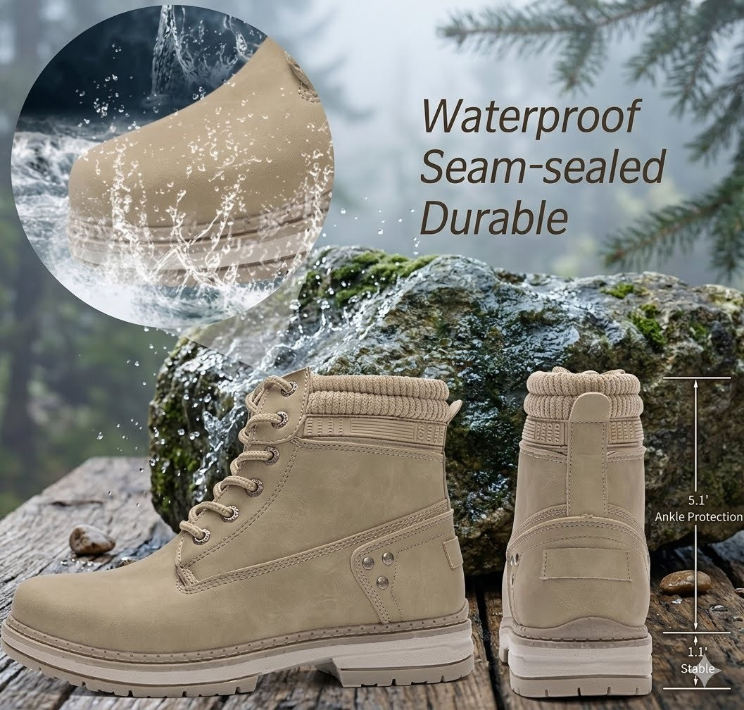 Beige boots with water splashing on a boot, set against a natural background.