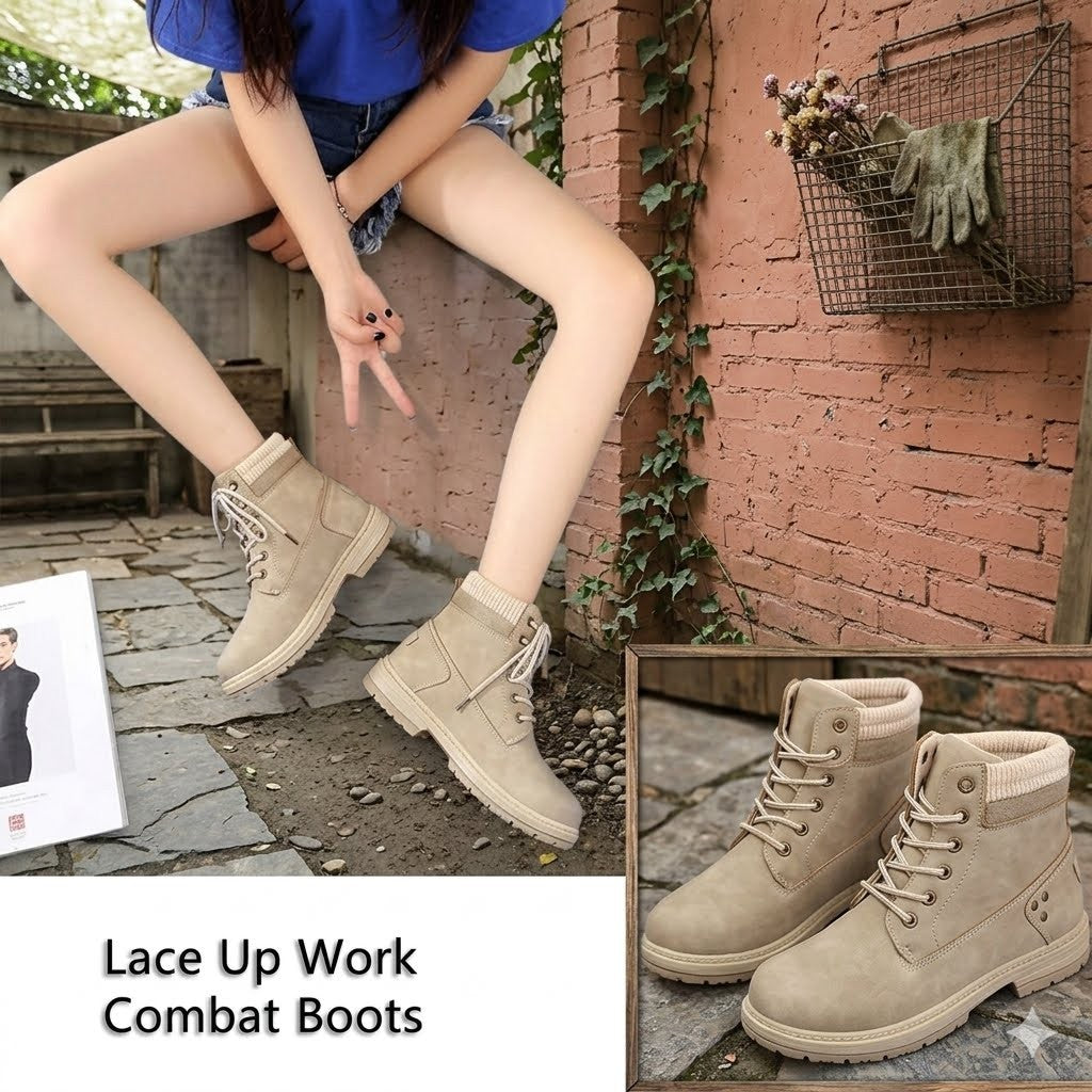 Person wearing beige lace-up work combat boots with a brick wall and plant background.