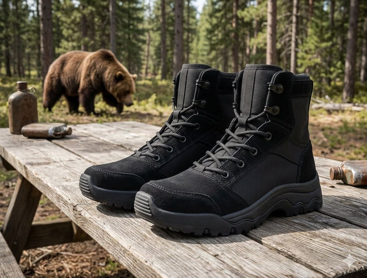 Black boots on a wooden table with a bear in the background big green bear