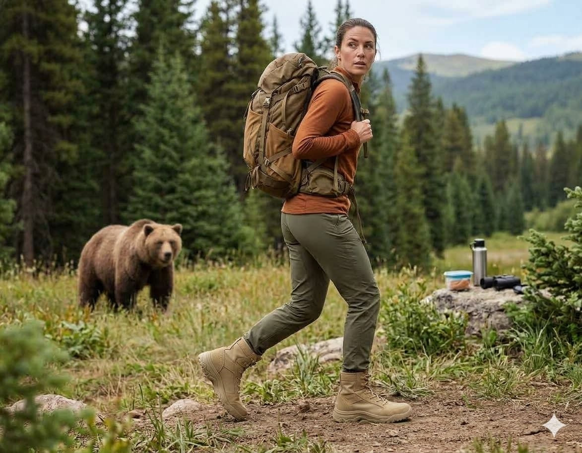 Woman hiking with a bear in a forest setting