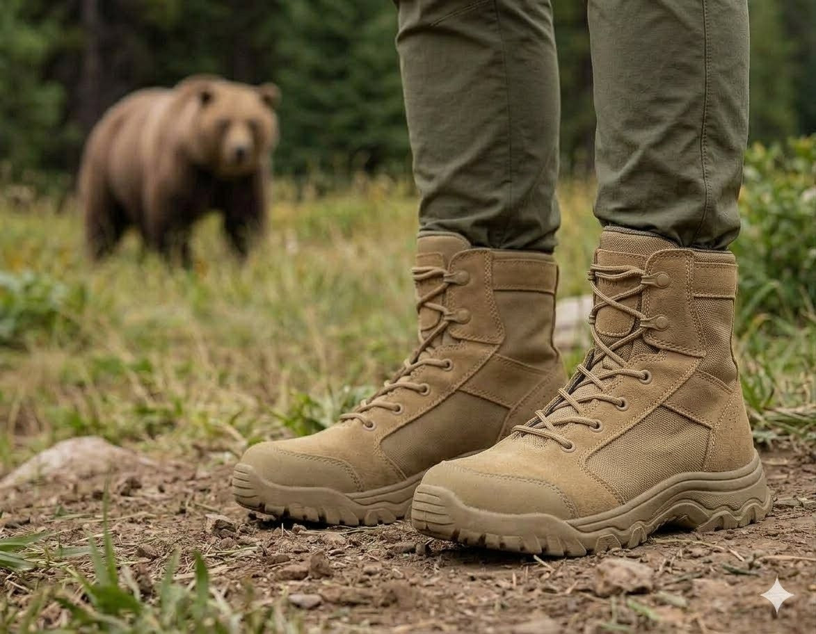 Tan boots worn by a person standing on a dirt path with a bear in the background. big green bear