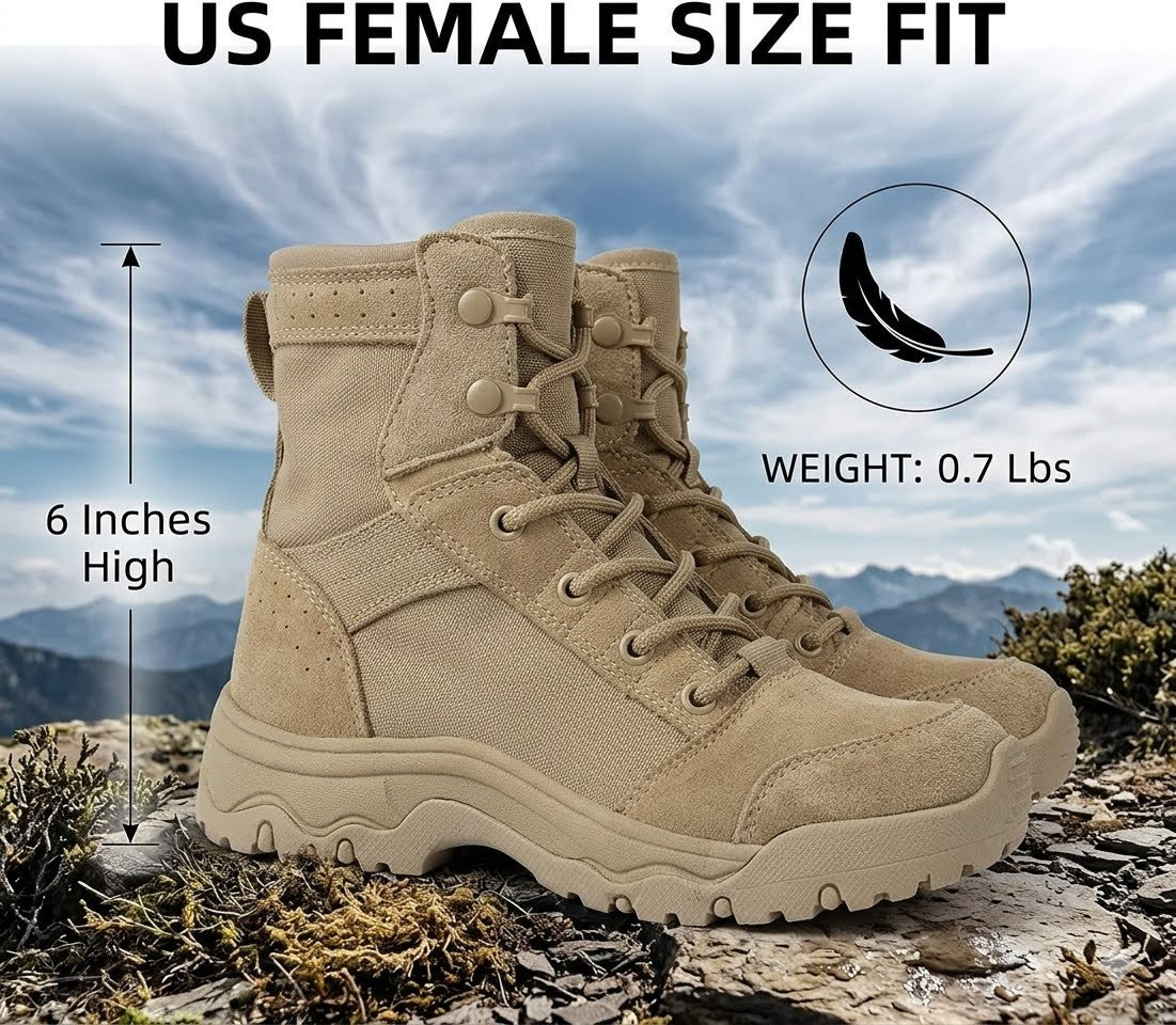 Tan boots on a mountainous background with height and weight indicators.