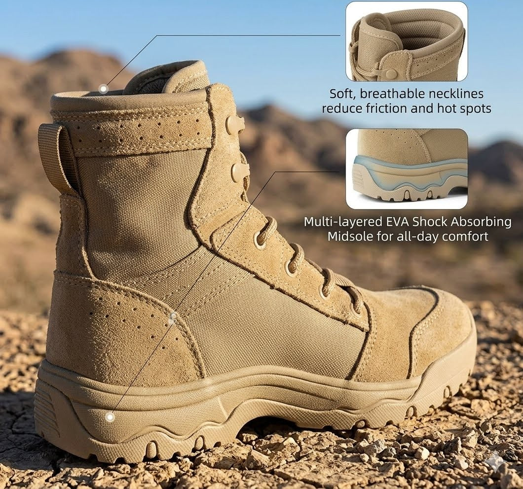 Tan boot with features highlighted on a desert background