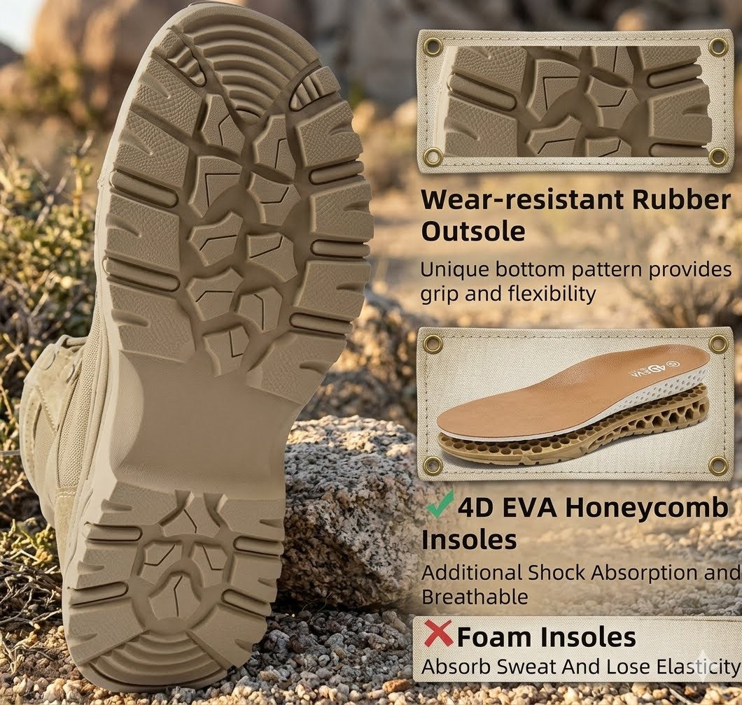 Close-up of a tan boot sole with wear-resistant rubber outsole and 4D EVA honeycomb insoles on a natural background.