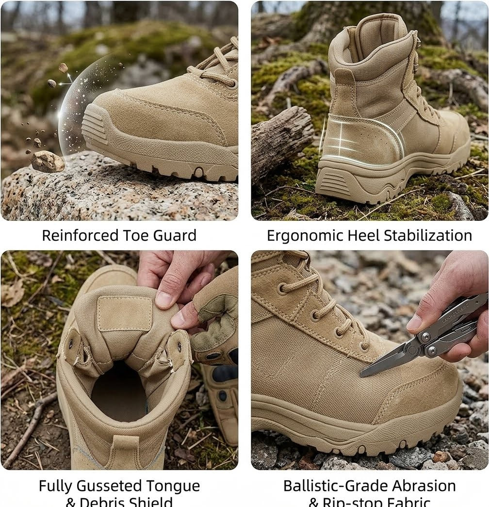 Collage of tan tactical boots with features highlighted on a natural background.