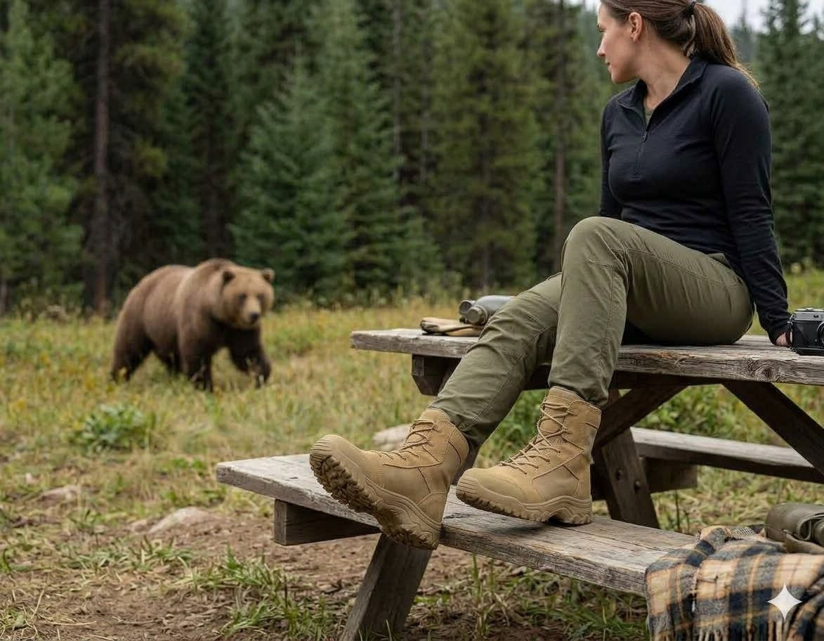 Person sitting on a picnic table with a bear in the background