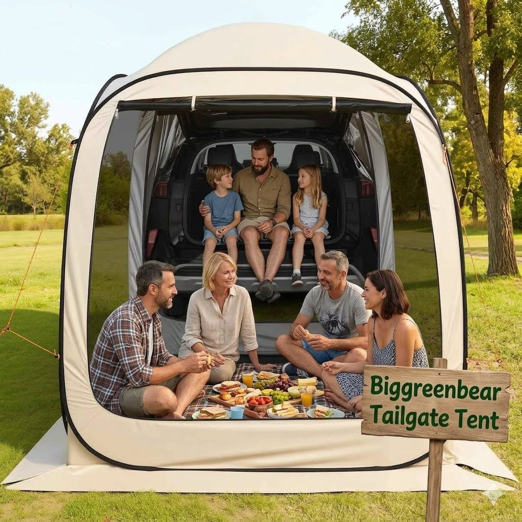Family enjoying a picnic inside a Biggreenbear tailgate tent in a park setting.