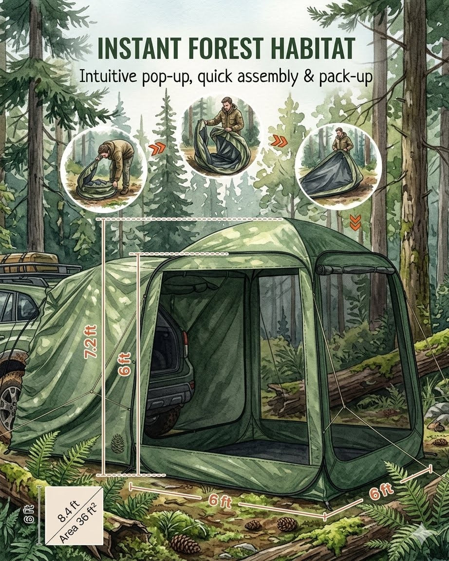 Green instant forest habitat tent with assembly instructions in a forest setting