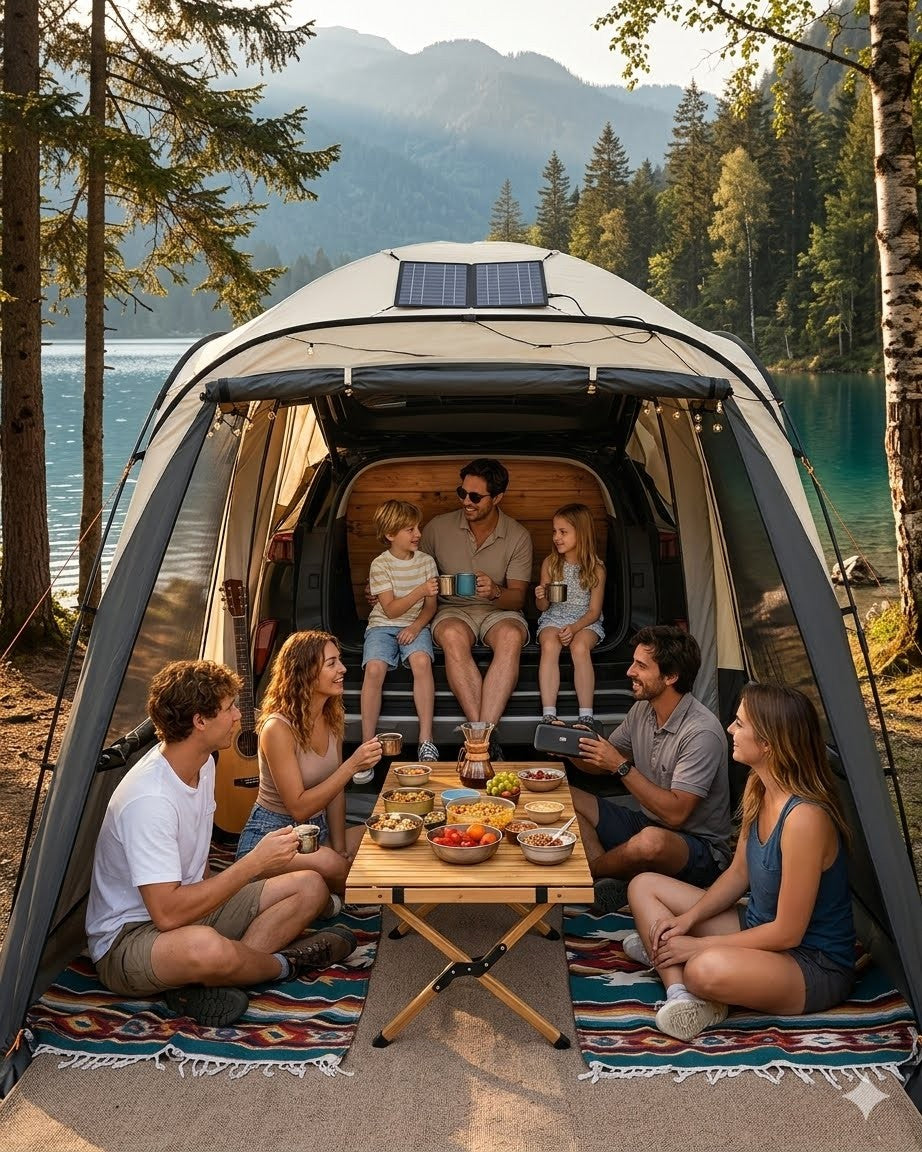Family enjoying a picnic inside a camper van by a lake with mountains in the background