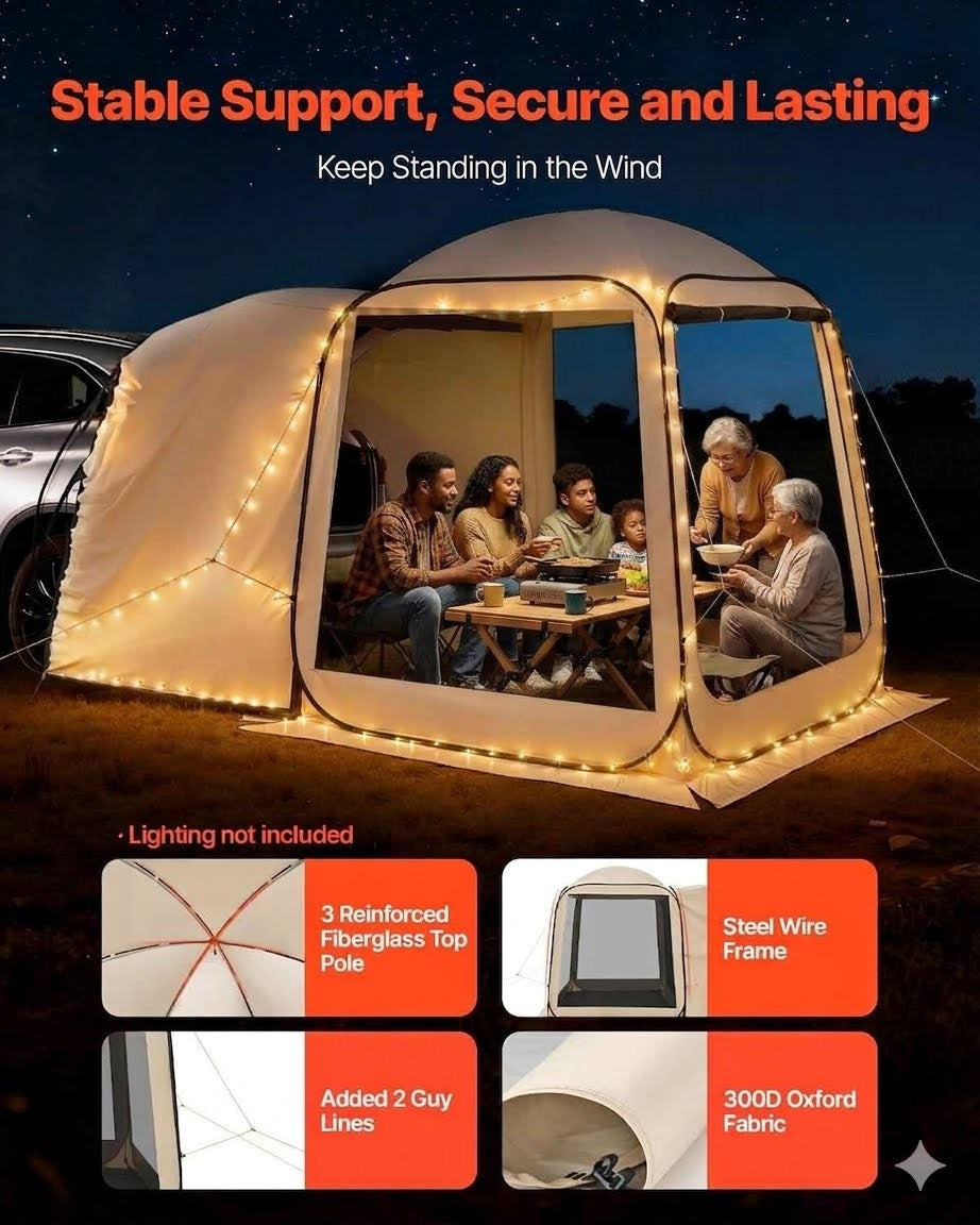Portable outdoor shelter with people inside, featuring text about stability and durability.