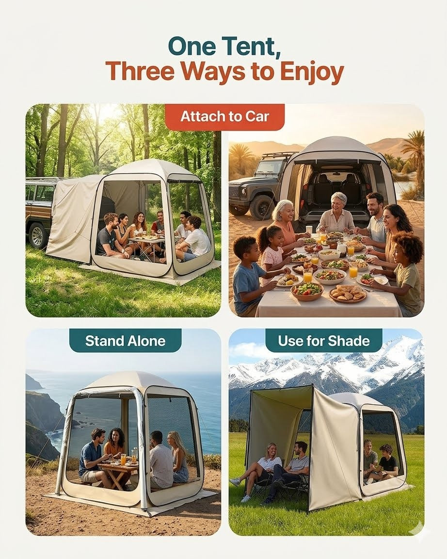 Multifunctional tent shown in various settings with text indicating uses.