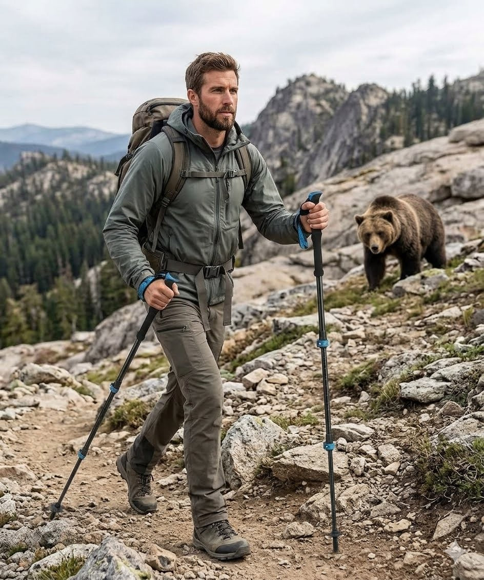 Lightweight aluminum hiking stick being used for stability on a steep rocky trail.