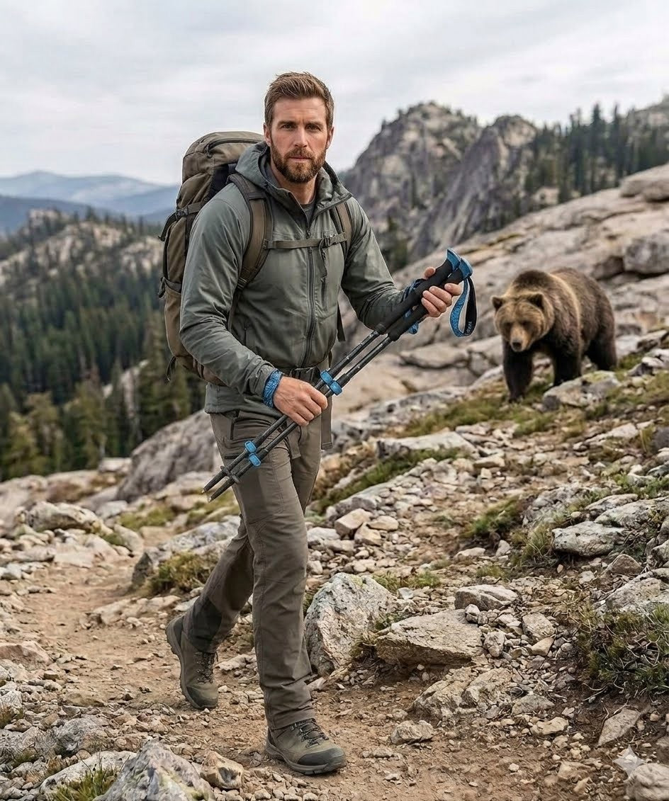 Lightweight aluminum hiking stick being used for stability on a steep rocky trail.