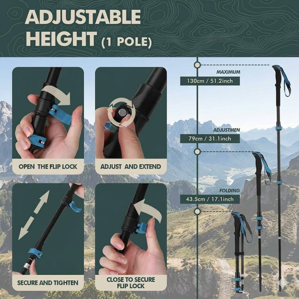 Quick lock mechanism on an adjustable telescoping hiking pole for height adjustments.