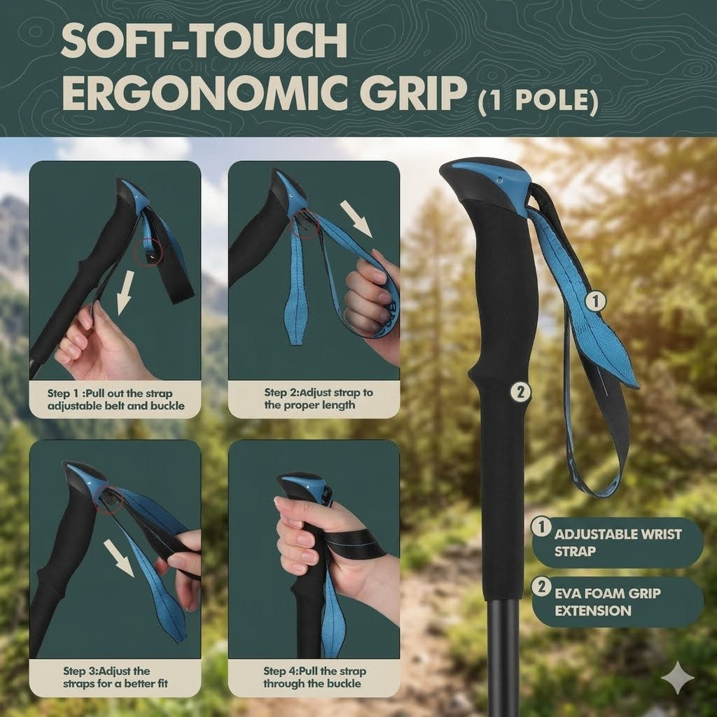 Compact folding walking stick collapsed down to seventeen inches for travel backpacking.