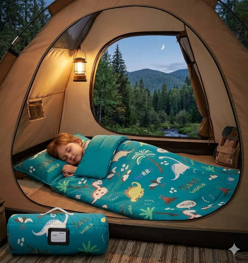 A young boy sleeping soundly inside a green dinosaur pattern toddler sleeping bag with a built-in pillow, positioned inside a cozy camping tent at night.