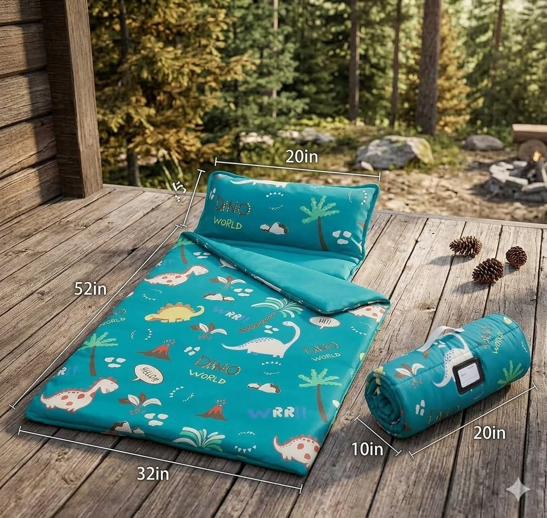 A close-up view of a teal dinosaur print toddler nap mat showing a white plush removable pillow being slid out of its fabric sleeve pocket for easy washing.