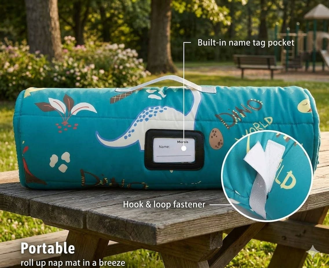 A close-up view of a teal dinosaur print toddler nap mat showing a white plush removable pillow being slid out of its fabric sleeve pocket for easy washing.