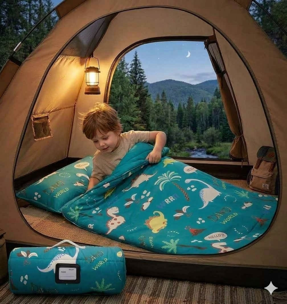 A flat lay view of a teal dinosaur print toddler nap mat unrolled on a wooden cabin deck showing its 52 inch by 32 inch dimensions next to its rolled-up travel form.