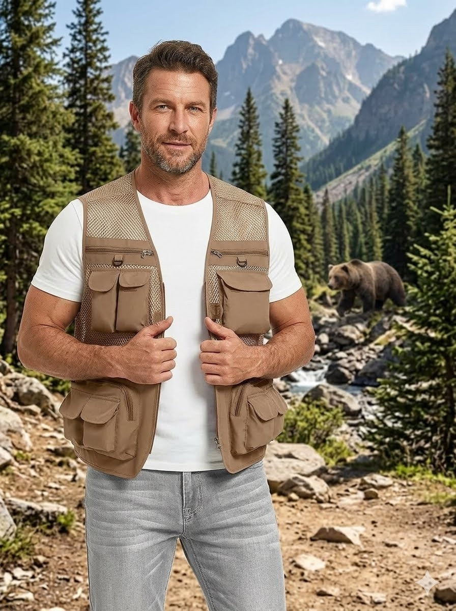 Big Green Bear tan mesh multi pocket fishing vest worn by man in forest with river background