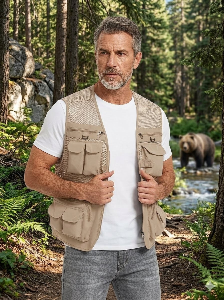 Close up details of tan multi pocket mesh travel vest construction and zippers Big Green Bear