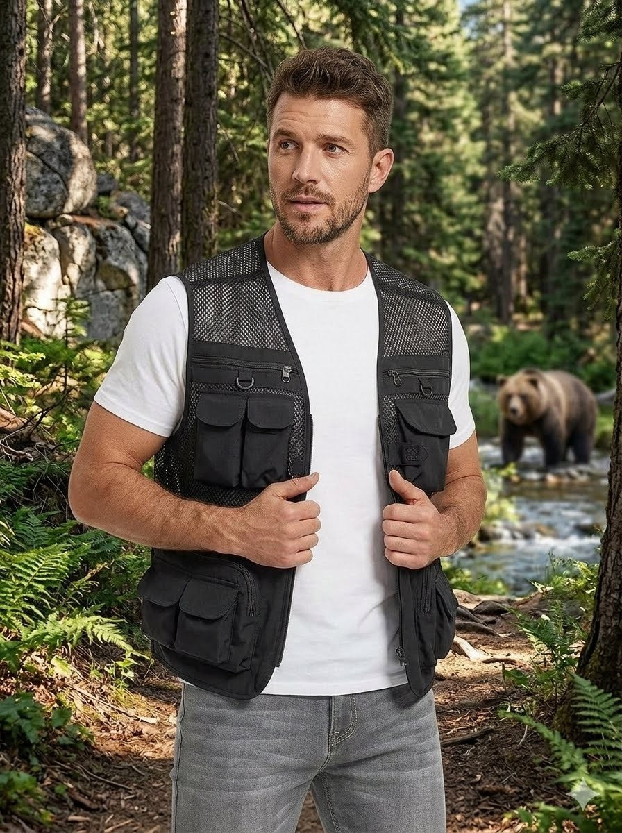 Big Green Bear black lightweight 16 pocket utility vest worn by man outdoors
