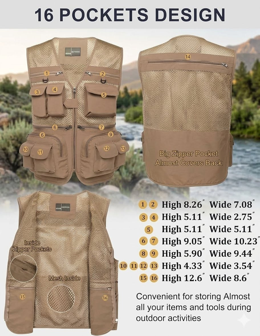 Close up details of tan multi pocket mesh travel vest construction and zippers Big Green Bear
