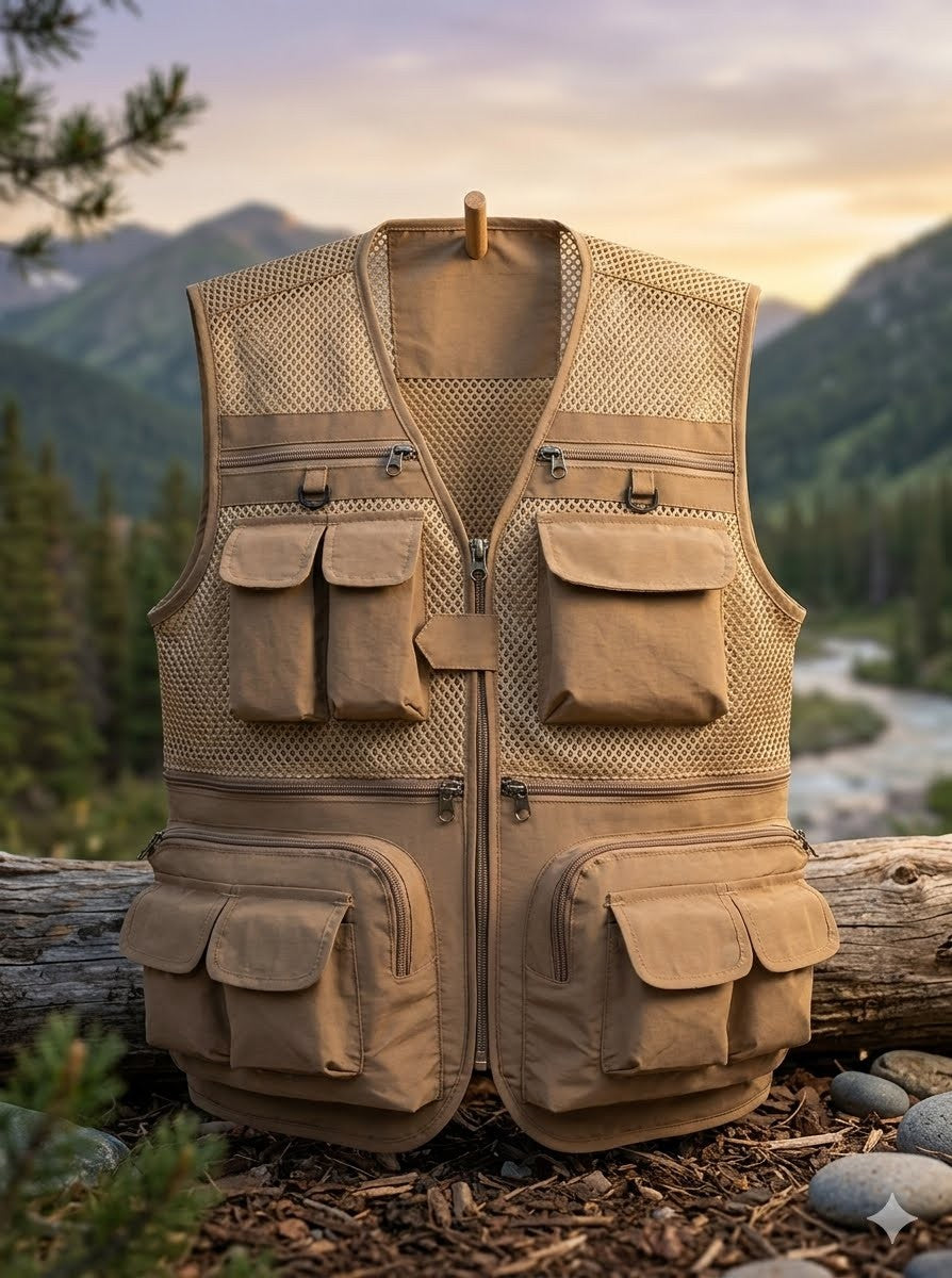 Front and back view of Big Green Bear 16 pocket safari cargo vest with size measurements