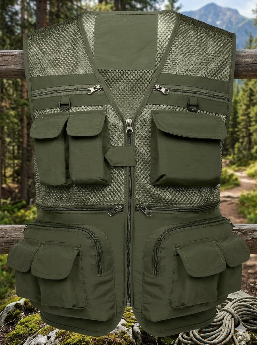 Big Green Bear army green utility fishing vest close up pocket and zipper detail layout