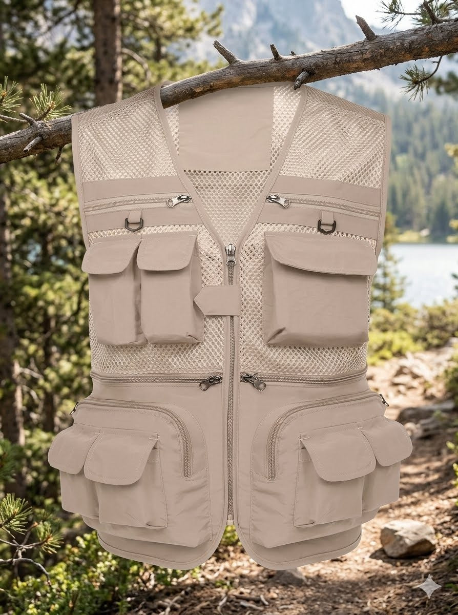 Front and back view of Big Green Bear 16 pocket safari cargo vest with size measurements