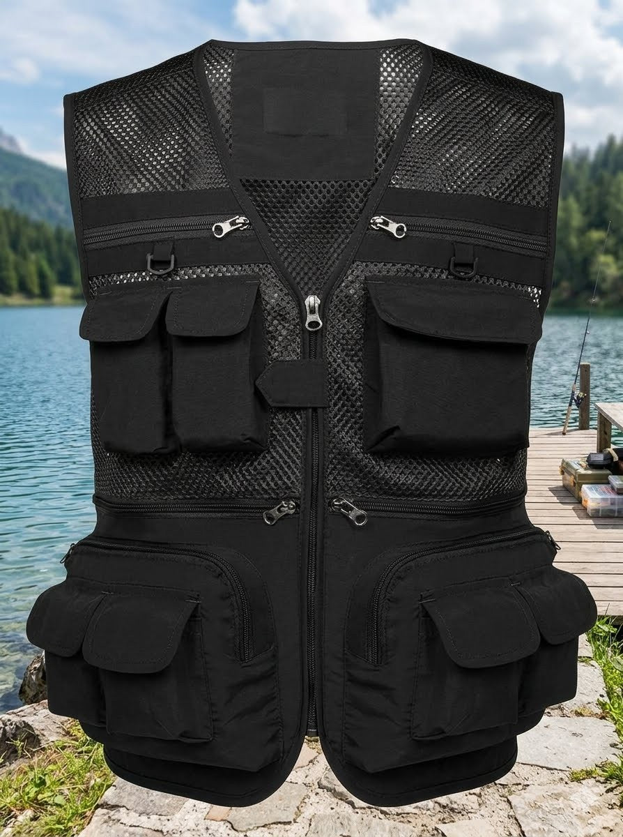 Big Green Bear black lightweight 16 pocket utility vest worn by man outdoors