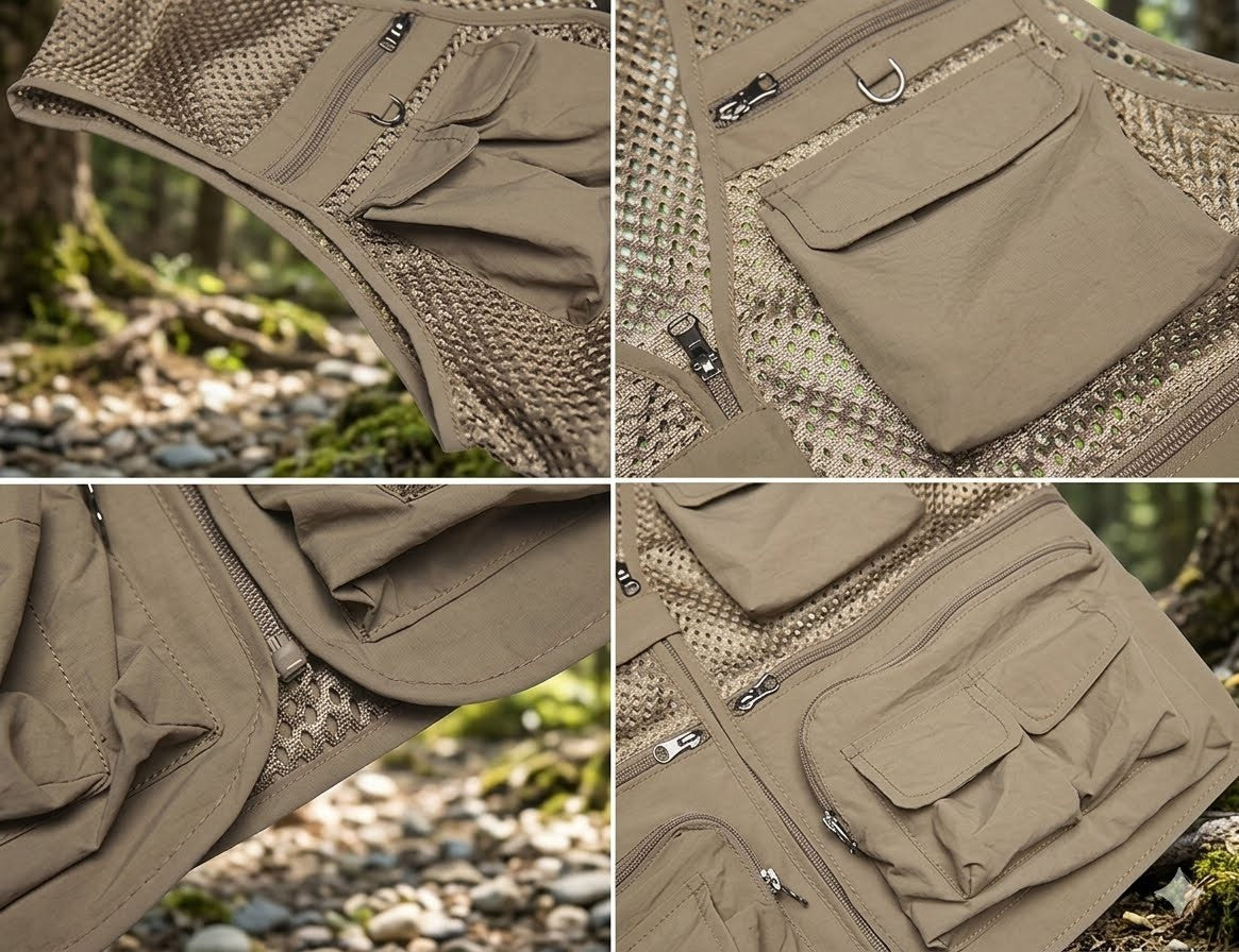 Close up details of tan multi pocket mesh travel vest construction and zippers Big Green Bear