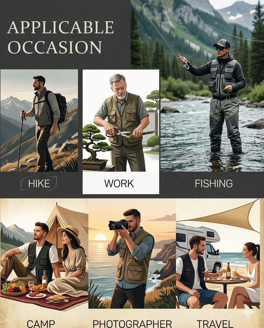 Big Green Bear mens outdoor utility cargo vest used for hiking work fishing camping photography travel
