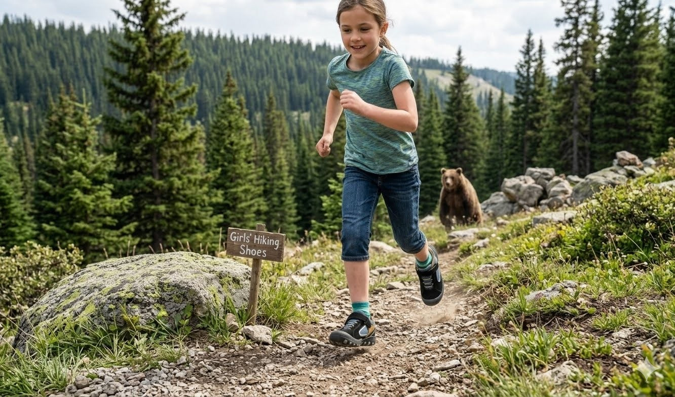 A young girl running up a dirt trail in a forest, wearing a green t-shirt, blue denim capri pants, and black running shoes. A small wooden sign reading 'Girls Hikes Shoes' is visible on the left, and a brown bear is seen in the background.