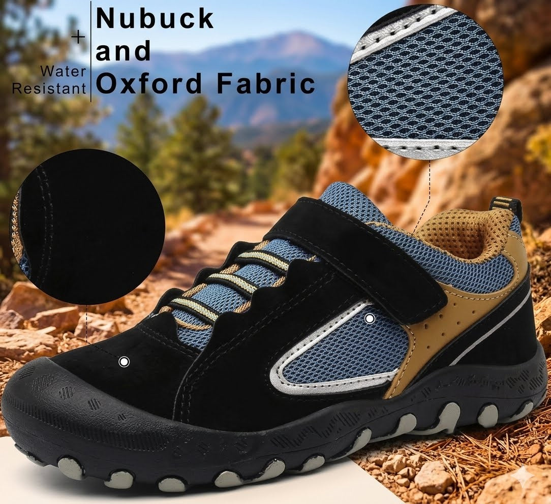 A black and blue outdoor sneaker with a hook-and-loop strap, shown on a rocky mountain trail background. Two circular inset close-ups highlight the nubuck fabric and mesh texture, with text reading 'Nubuck and Oxford Fabric' and 'Water Resistant'.