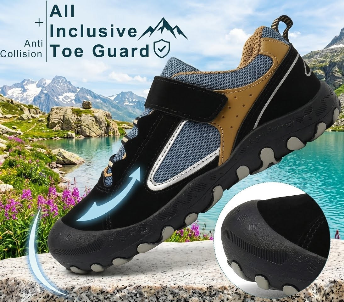 A black and tan athletic shoe with a hook-and-loop strap is shown floating over a scenic mountain lake background. The image includes marketing text reading 'All Inclusive Toe Guard' and 'Anti Collision,' plus a circular inset close-up of the toe guard area.